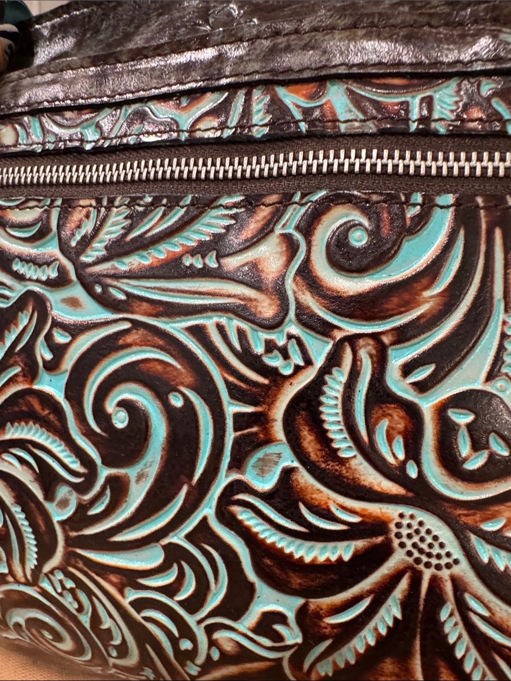 Patricia Nash Bag Tooled Turquoise Brown Leather Floral Embossed Tote NWT - Picture 6 of 17